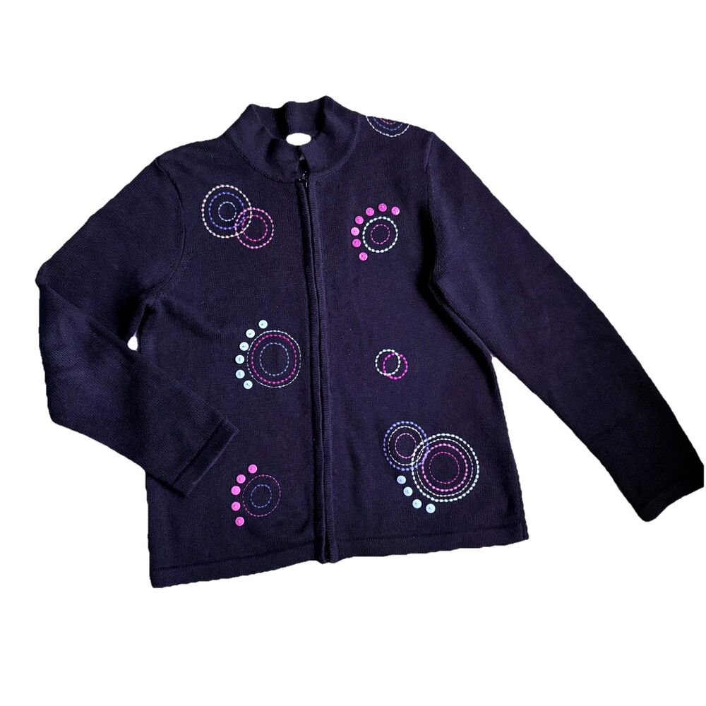 Christopher & Banks Women's Blue Pink Embroidered Zip Long Sleeve Cardigan M